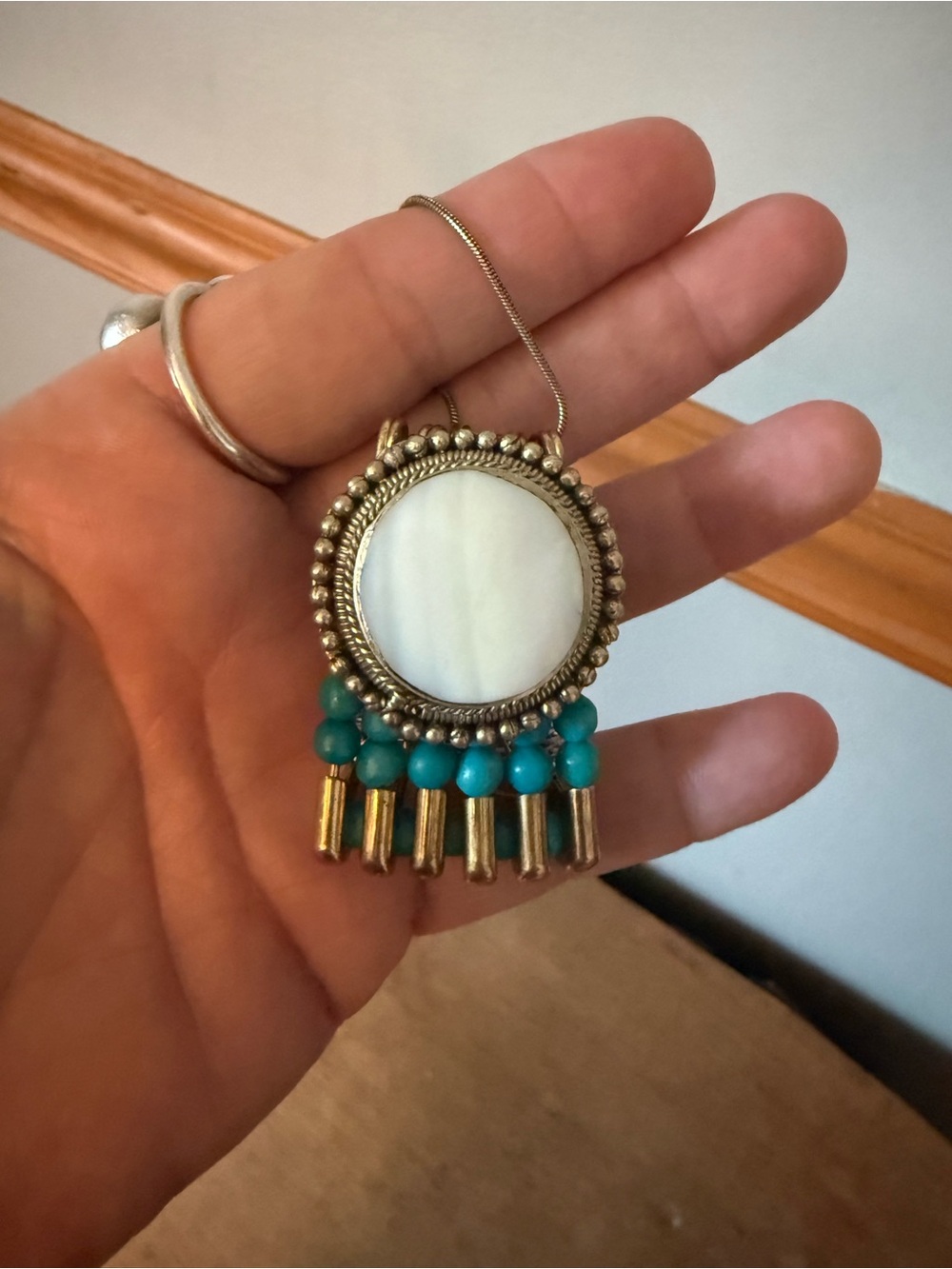 Handmade up cycled wearable folk art one of a kind pendant with silver chain